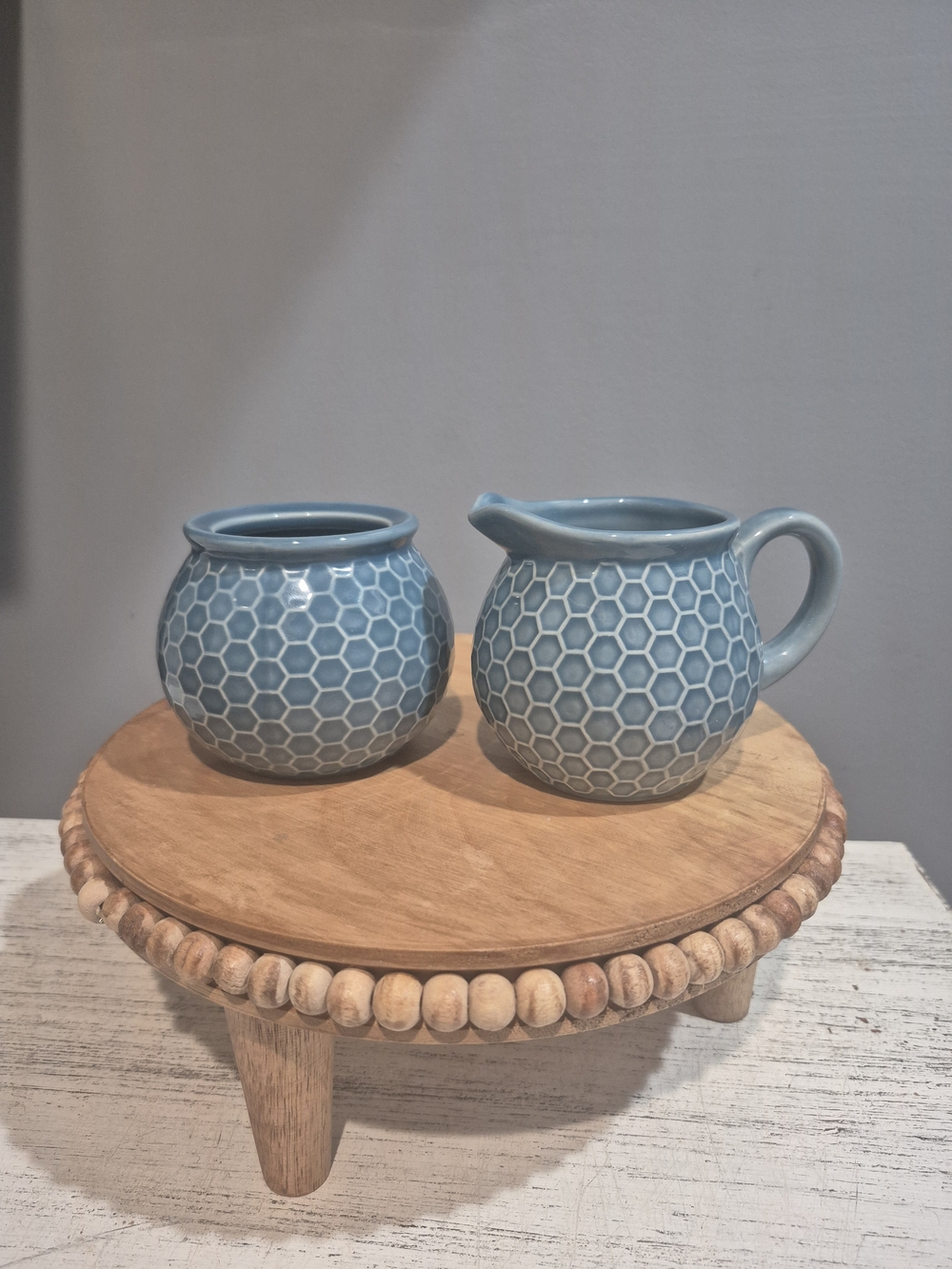 Signature Housewares Blue Hexagon Honeycomb Ceramic Sugar and Creamer Set